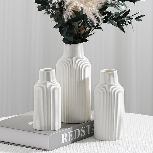 Bohemian White Ceramic Vase - for Pampas Grass, Mantel, Bookshelf, Entryway and Living Room Decor (White, Set of 3)