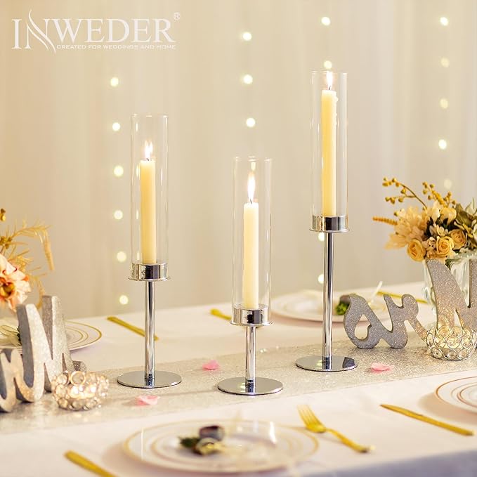 Hurricane Taper Candle Holders: Silver Glass Candlestick Holder Tall Candle Sticks Holder Decor with Glass Cover for Wedding Table Centerpiece Party Birthday Christmas Home Mantel Set of 6