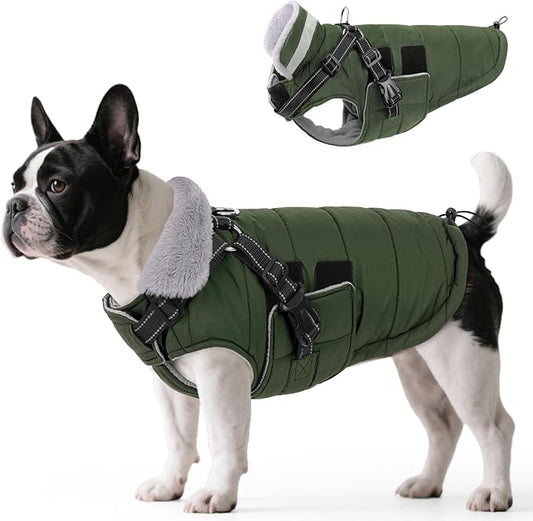 Queenmore Small Winter Dog Coat with Harness Built-in, Waterproof Winter Jackets for Small Dogs, Puppy Warm Puffer Jacket for Snow Weather - Fleece Reflective Easy On Hook & Loop Closure, Green S