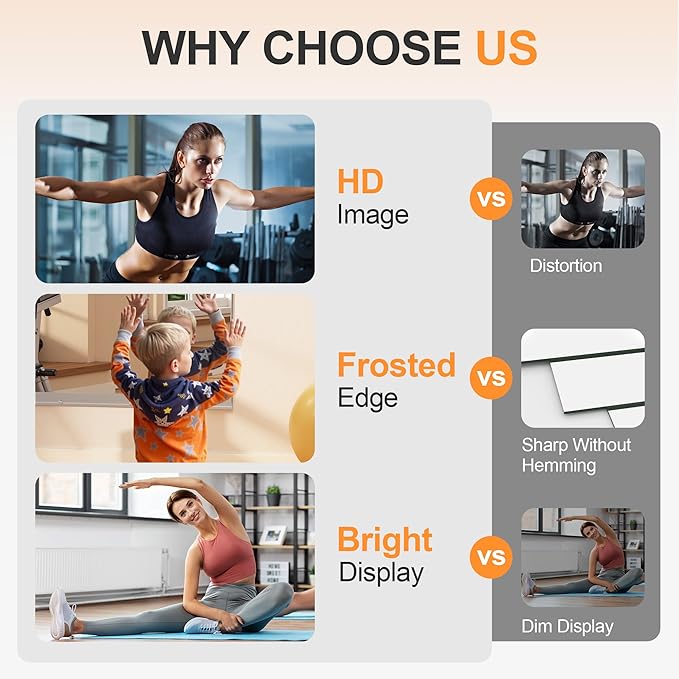 Hasipu Home Gym Mirror, 67"x28" Each, 2-Pack Frameless Wall Mounted Mirrors with Glass Clamps & 1 Aluminum Rail, Large Body Mirror for Home Gym, Yoga Studio, Bedroom, Silver Tempered Glass