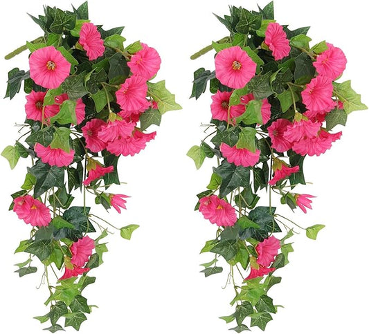 RECUTMS Artificial Fake Hanging Flowers Plants for Outdoor Spring Decor, 2 Pcs UV Resistant Faux Petunias Trailing Plants Realistic Flower Look Real for Door Wall Yard Porch Garden Planter (Rose Red)