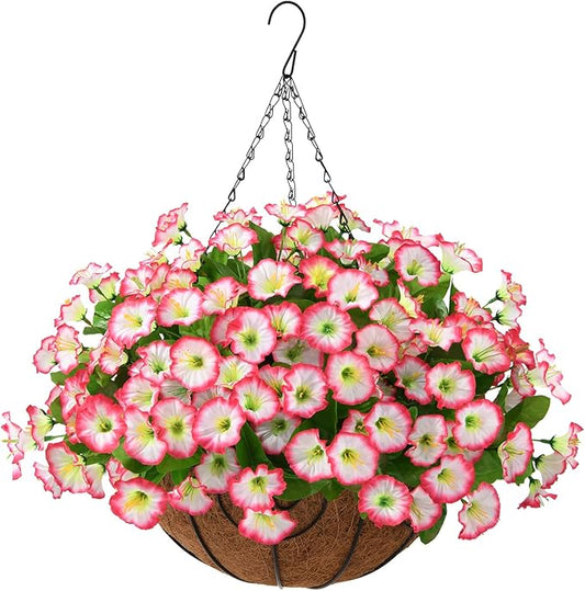 Homsunny Artificial Faux Hanging Flowers Baskets for Outdoor Spring Decoration,Fake Silk Plants for Outside Indoors Porch Patio Home Summer Decor(Pink)