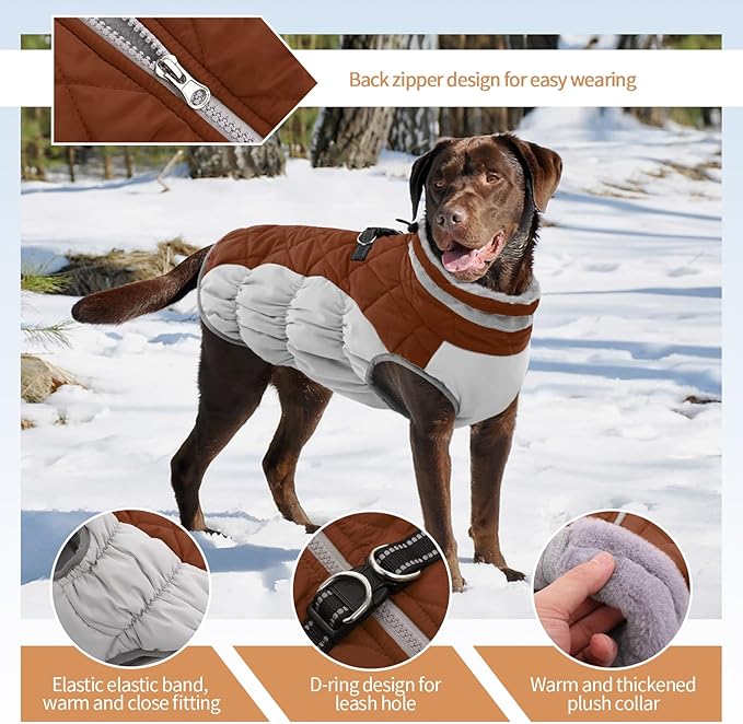 OUOBOB Winter Dog Coat,Large Dog Jacket,Waterproof Pet Jacket with Back Zipper,Pet Coat with Harness Built in,Warm Dogs Coat with Fleece Lined,Snow Jacket Clothes French Bulldog Shiba Inu,Brown,L