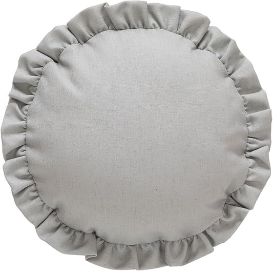 ISAENNE Classic Silver Round Throw Pillow Cover Diameter 16", Solid Color Farmhouse Linen Cotton Decoration Pillow Cover with Ruffles, Sturdy Throw Pillow Case for Couch Sofa Bed Living Room