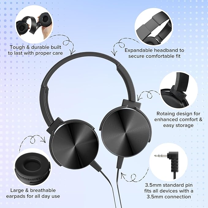 Bulk Kids Headphones for School Classroom Students,10 Pack Durable Wired School Earphones with HD Stereo Sound 3.5mm Jack for Library,Online Learning(HTC004 Black)