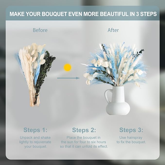 N&T NETING 101Pcs Blue Pampas Grass Decor Natural Dried Floral Pampas Grass Light Blue Boho Pampas Home Decor Fluffy Dried Pampas Flowers for Home Wedding Boho Beach Theme Table Decor