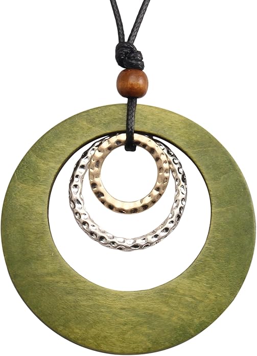 Leather Necklace for Women Boho Choker Necklace Long Cord Leather Pendant Bohemian Neckalce Vintage Alloy Pendant Leather Rope Necklace Wooden Necklaces for Women