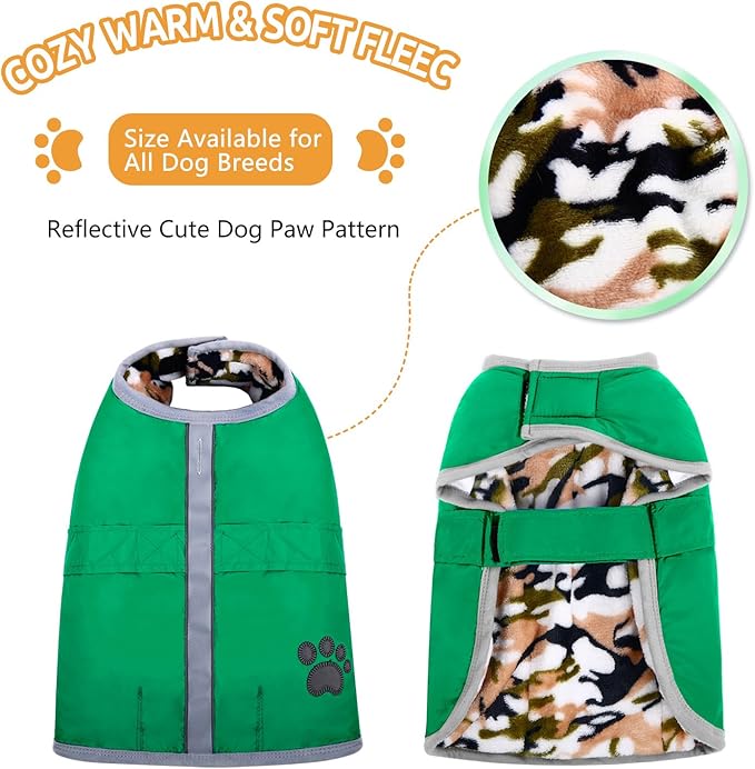 Queenmore Dog Winter Coat, Cold Weather Fleece Jacket for Dogs, Waterproof Reflective Reversible, for Small, Medium and Large Dogs (Green, S)