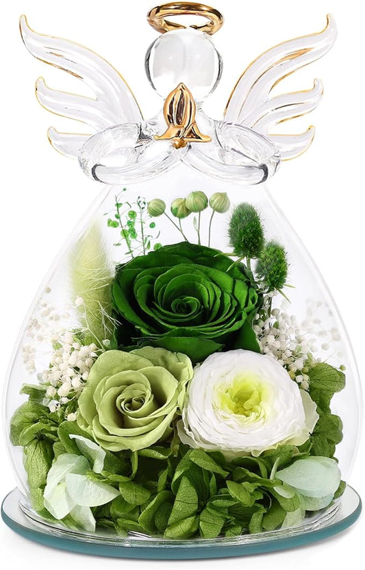 FIACO Gifts for Women Birthday Preserved Rose Forever Flower in Glass Angel Figurines Fresh Flowers for Delivery Prime for Mom Real Green Roses for Grandma Sister Wife Her from Daughter
