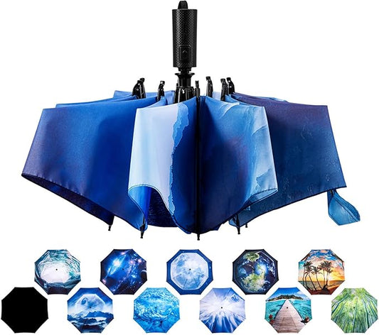 LANBRELLA Compact Reverse Folding Umbrella Auto Windproof Travel Umbrella