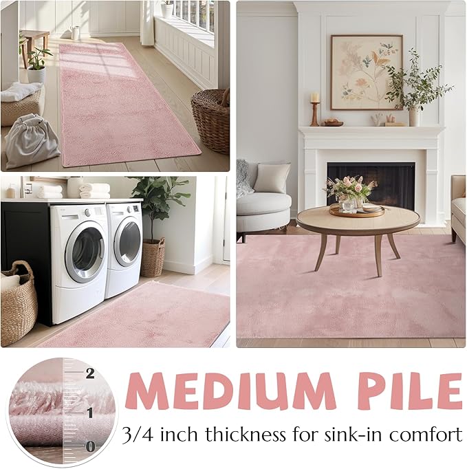 jinchan Solid Plush Area Rug 5x7 Performance Shaggy Washable Rug Indoor Soft Modern Faux Wool Cozy Non Slip Carpet for Living Room Kids Room Bedroom Dining Room Nursery Pink