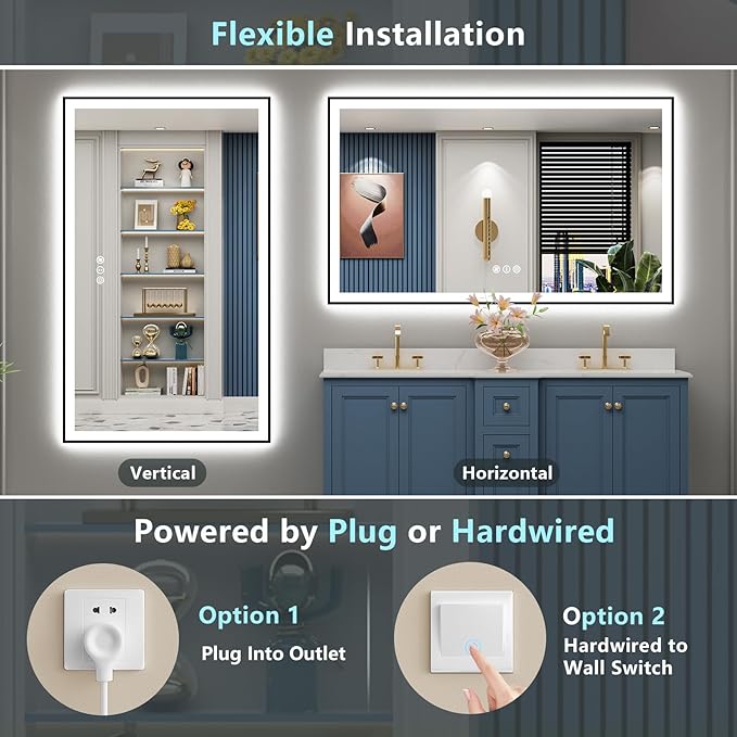 66x36 Inch Black Framed LED Bathroom Mirror with Lights, Backlit & Front Lit, Anti-Fog Lighted Vanity Mirrors for Bathroom Wall, Dimmable, 3-Color Light, Memory, Shatter-Proof, Tempered Glass