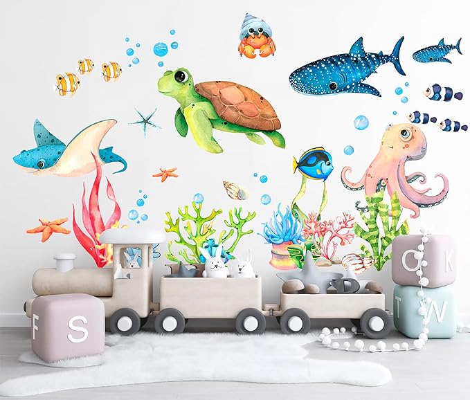 Ocean Playground Wall Decal - Cartoon Underwater Fun with Turtle, Whale, and Octopus, Removable Peel-and-Stick Fabric Art for Kids' Room and Playroom Décor (Extra Large)
