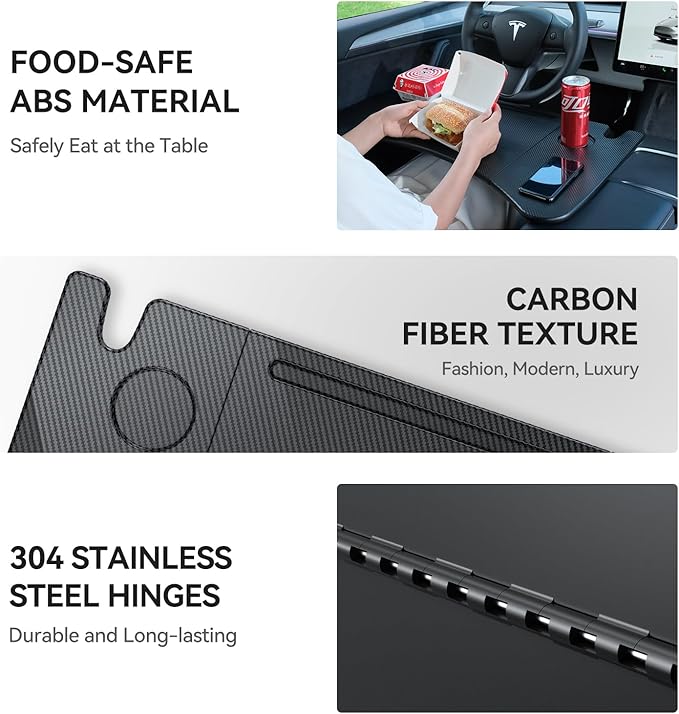 YONZEE Foldable Desk Food Tray (Carbon Edition) for Tesla Model Y Juniper Model 3 - Upgraded Table with Support Leg for Dining, in-Car Work, Travel and Outdoor (2 Pack)