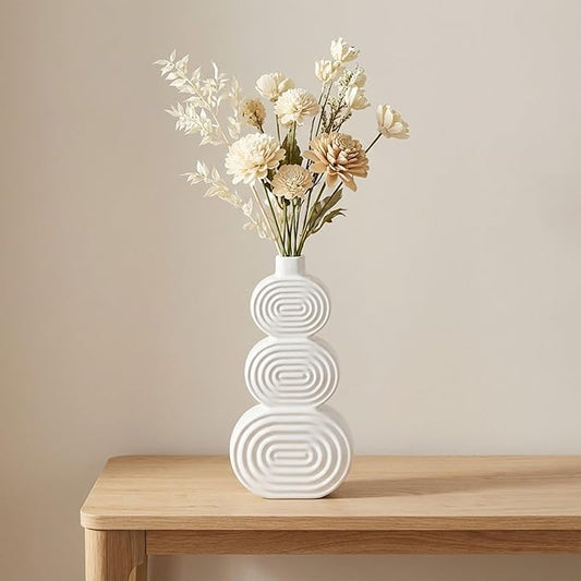 Decorative Flower Vase for Home Decor – Ceramic Modern Flower Vase with Stacked Design, Stylish Table Centerpiece for Living Room or Entry Display, Boho for Faux Flowers and Greenery – 10", White