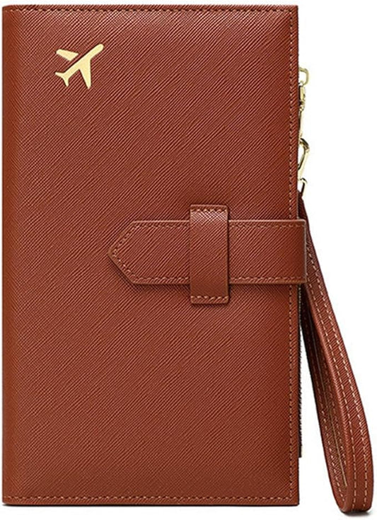 Waterproof Family Passport Organizer with RFID Blocking Genuine Leather Document Holder Card Slots Travel Wallet for Women Men Black (Brown)