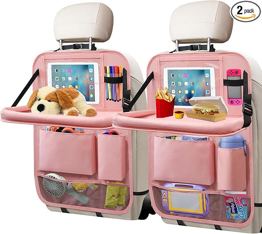 Etre Jeune Car Backseat Organizer with Tray, Seat Back Table Holder with 6 Storage Pockets, Car Seat Back Protectors Kick Mats Travel Accessories, 2 Pack Pink