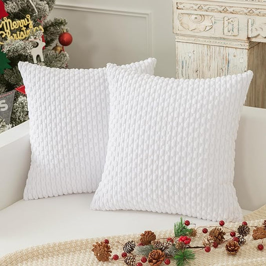 Kevin Textile 2 Packs Pure White Decorative Throw Pillow Covers 26x26 Inch for Living Room Couch Bed Sofa Rustic Farmhouse Boho Home Decor Soft Striped Corduroy Square Cushion Case 66x66 cm