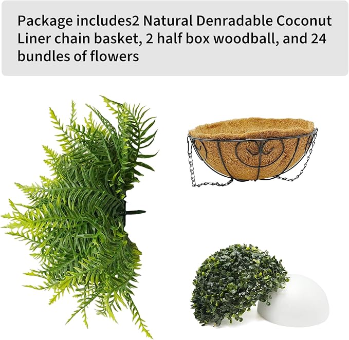 Hanging Planters with Plant Hangers for Indoor Outdoor Decor 2 Pack Artificial Green Fern 25CM Straight Coconut Fiber Hanging Baskets with Durable Iron
