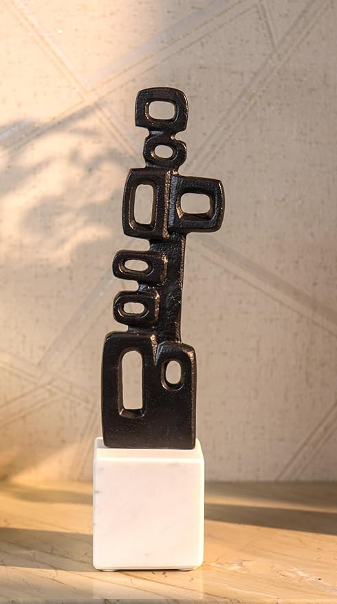 Cruiser’s Caché Abstract Geometric Sculpture, Artisan-Made Cast Aluminum with Black Anthracite Finish, Natural Marble Base, 13"