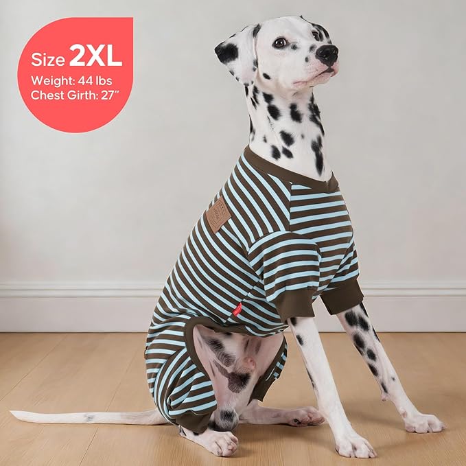 KYEESE Dog Pajamas, Soft Fleece Pets Jumpsuit Pets Sleepwear, Stretchy Dog Pajamas Medium Size Dogs, Comfy Dogs PJS with 4 Legs, Lightweight Pet Clothes Pet Onesie, Blue Striped, 2XL