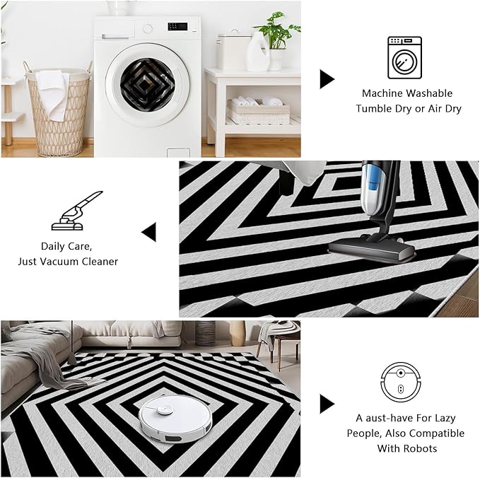 Black and White Rug 8x10, Checkered Soft Thin Indoor Floor Mats Carpet, Non-Slip Stain Resistant Washable Rugs, Modern Rhombus Geometric Rugs for Living Room, Farmhouse Rug