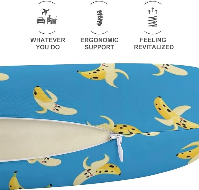 Chin Support Travel Pillow Memory Foam U Shaped Cushion Banana Fruit Blue, Breathable Washable Cover for Men Women Airplane Car Sleep