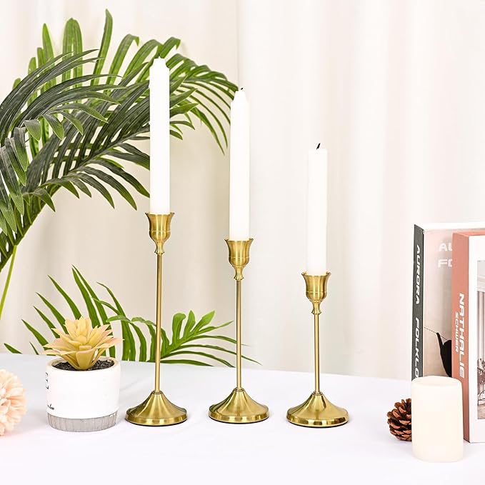 Candlestick Holders 15 PCS, Metal Taper Candle Holder, Brass Gold Candle Holders for Pillar Candles, Vintage Dining Table Centerpiece Decorations for Wedding Party Christmas Halloween Decor