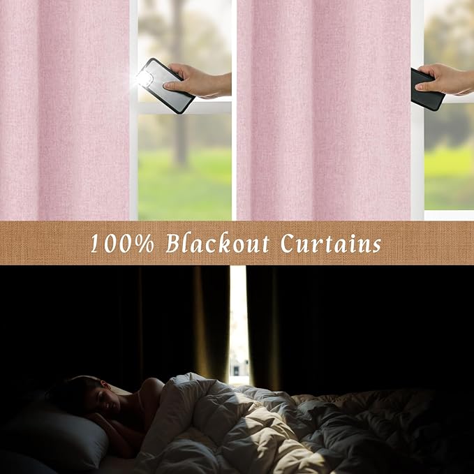 LAMIT 100% Blackout Linen Curtains 63 Inches Long, Linen Textured Living Room Farmhouse Curtains Full Room Darkening Back Tab and Rod Pocket Panels with White Liner, 2 Panels, Pink, 60 x 63 Inch