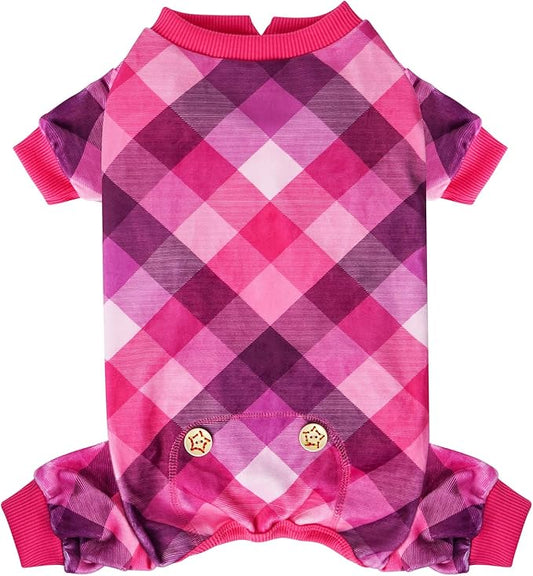 KYEESE Dog Pajamas Plaid Dog Pajamas for Small Dogs Boy Girl Comfy Pet Clothes Lightweight Pjs Stretchy Onesie Velvet Doggie Jammies Soft Coat,Pink, X-Large