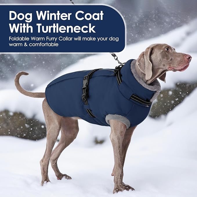 AOFITEE Dog Coat for Large Dogs, Warm XL Dog Jacket Winter, Pet Winter Coat with Harness Built in, Fleece Lined Pet Puffer Jacket Reflective Waterproof Snowsuit for Extra Large Dogs, Blue XL