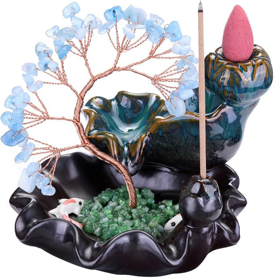 Jovivi Backflow Incense Burner Ceramic Incense Waterfall, Natural Aquamarine Healing Crystal Money Tree Incense Holder for Wealth, Good Luck, Yoga Meditation, Home Decor