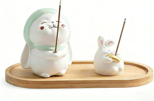 3 Pcs-Incense Holder Cute Resin Rabbit Incense Stick Holder Set with Bamboo Ash Catcher Tray - Animal Incense Burner for Meditation, Yoga & Home Decor (Fits Standard Incense Sticks)