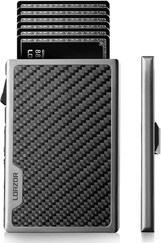 LORZOR Carbon Fiber Wallet for Men, 0.3IN Ultra-slim Minimalist Card Holder with Money Clip, Trigger Button for Quick Card Access, Ultra-light Aerospace Aluminum, RFID-Blocking, Gift Box
