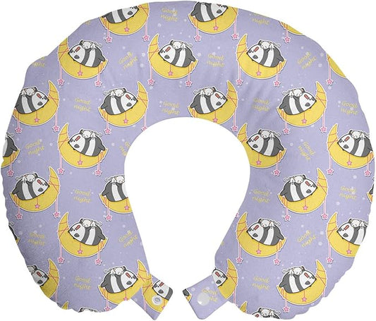Ambesonne Saying Travel Pillow Neck Rest, Lazy Cat and Panda Sleeping on The Moon with Stars, Memory Foam Traveling Accessory for Airplane and Car, 12", Mustard Purple