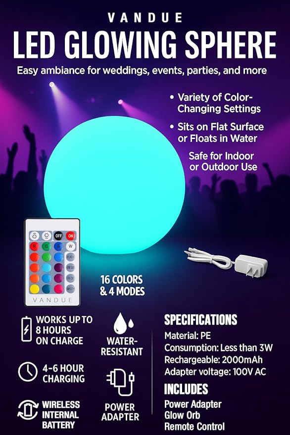 Vandue Color-Changing LED Light Ball – Rechargeable Glow Sphere with Remote – IP65 Waterproof RGB Night Light for Indoor/Outdoor, Pool, Garden, Party & Decor (6 Inch)