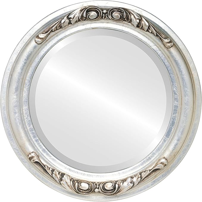 OVALCREST Round Beveled Wall Mirror for Home Decor - Florence Style - Silver Leaf with Brown Antique - 34x34 Outside Dimensions