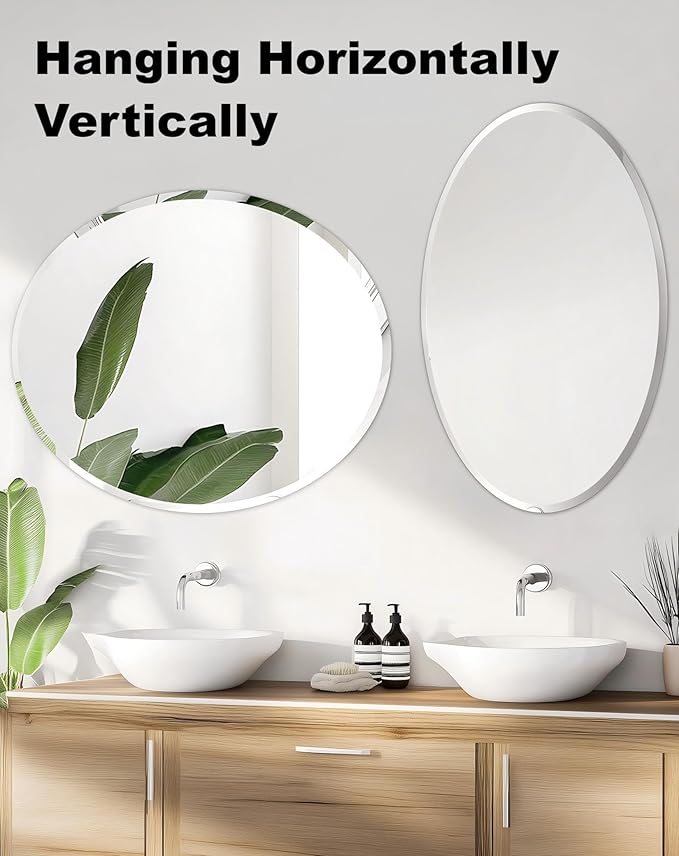 Frameless Oval Wall Mirror: Decorative Elliptical Mirrored Glass Vanity with Beveled Silver Edge for Bathroom Bedroom Livingroom Dining Room Entryway Hallway, 28 x 20 inch