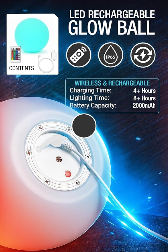 Vandue Color-Changing LED Light Ball – Rechargeable Glow Sphere with Remote – IP65 Waterproof RGB Night Light for Indoor/Outdoor, Pool, Garden, Party & Decor (12 Inch)