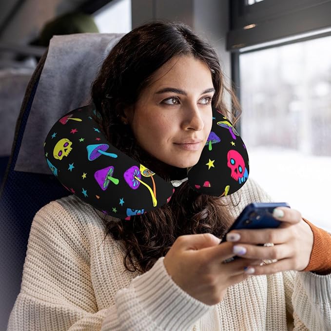 Neck Pillow Memory Foam Travel Pillows Comfortable for Airplane Flight Car Travel Office Nap and Sleeping, Funny Cushion for Head Shoulder Trippy Mushroom Skull