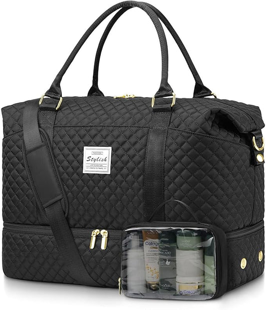 Women Weekender Travel Duffle Bags: Duffel Overnight Bag with Shoe Compartment Large Carry on Tote Bag Toiletry Bag Weekend Yoga Gym Bags with Wet Pocket Hospital Bags for Labor and Delivery Black