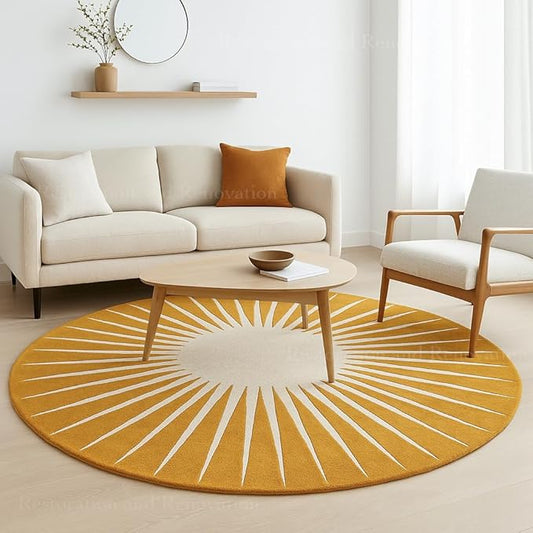 Modern Round Area Rug – Hand-Tufted with 100% NZ Wool, Thick & Soft Circular Carpet for Living Room, Bedroom & Dining Room Decor (Mustard, 8' Round)