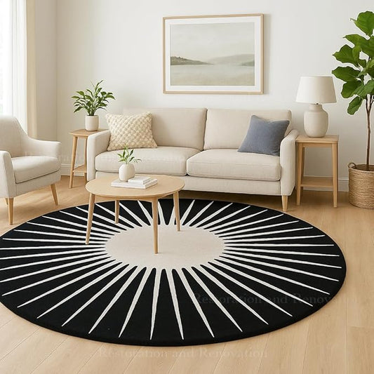 Modern Round Area Rug – Hand-Tufted with 100% NZ Wool, Thick & Soft Circular Carpet for Living Room, Bedroom & Dining Room Decor (Black, 9' Round)