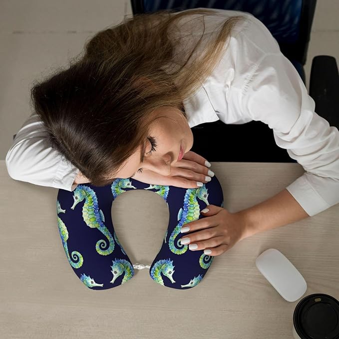 Memory Foam Airplane Pillow Seahorses for Car Chin Head Neck Supporting, U Shape Pillows Travel Cushion for Office, Nap Sleeping