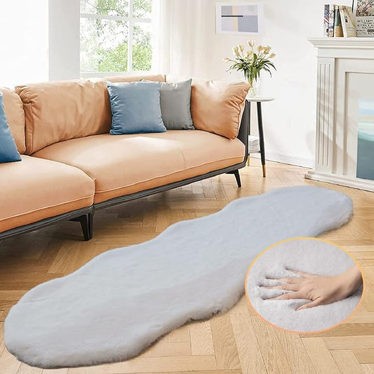Faux Rabbit Fur Washable Rugs for Bedroom Light Grey Fluffy Rug for Living Room Non Slip Faux Fur Rug for Hallway 2x6 Shaped Rugs