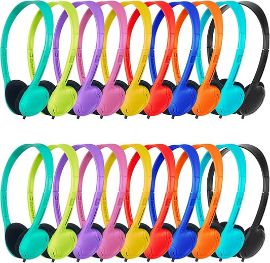 Headphones Bulk 20 Pack for School Classroom School Student,Class Set of Headphones for Students Computer,Library,Online Lesson and Testing 3.5mm Jack (10 Multi Color)