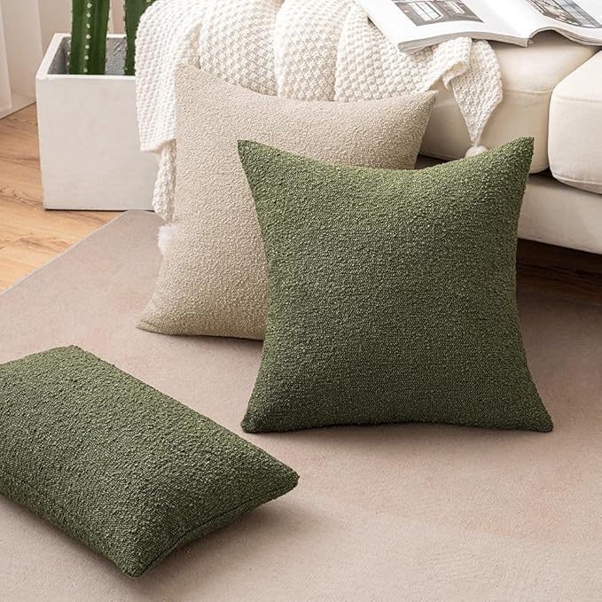 MIULEE 12x20 Inch Decorative Lumbar Throw Pillows for Bed Set of 2 Textured Boucle Neutral Spring Throw Pillow Covers Olive Green Accent Solid Pillowcases Sofa Livingroom Home Decor