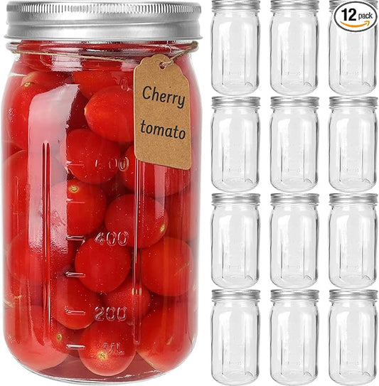 CycleMore Wide Mouth Mason Jars 32 oz, 12 Pack Large Glass Mason Jar with Metal Airtight Lids and Bands, 1 Quart Canning Jars for Pickling, Fermenting, Food Storage & DIY Projects