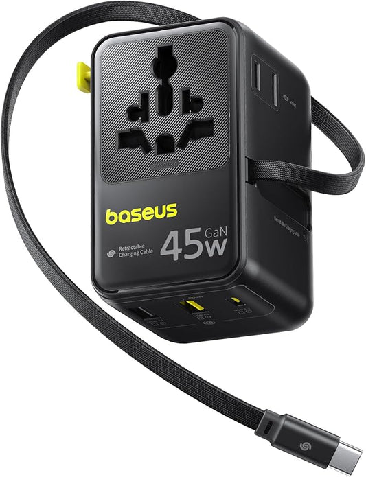 Baseus 45W European Travel Plug Adapter, 6-in-1 Universal Power Adapter with USB-C Retractable Cable, PD Fast Charging GaN International Travel Essentials for Over 200 Countries - Picogo AG11