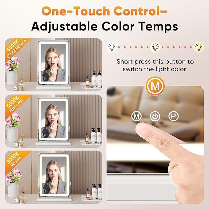 DUMOS 17“x13.2” LED Makeup Mirror with Lights for Vanity, Dimmable 3 Color Modes Makeup Mirror with Memory Function, USB Charging, Aluminum Frame, Lighted Mirror for Desk or Bedroom